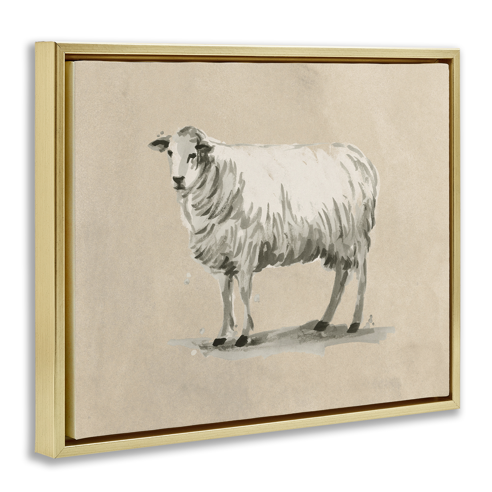 Stupell Industries Traditional Minimal Sheep Animals & Insects Painting Gold Floater Framed Canvas Art Print Wall Art, 31 x 25