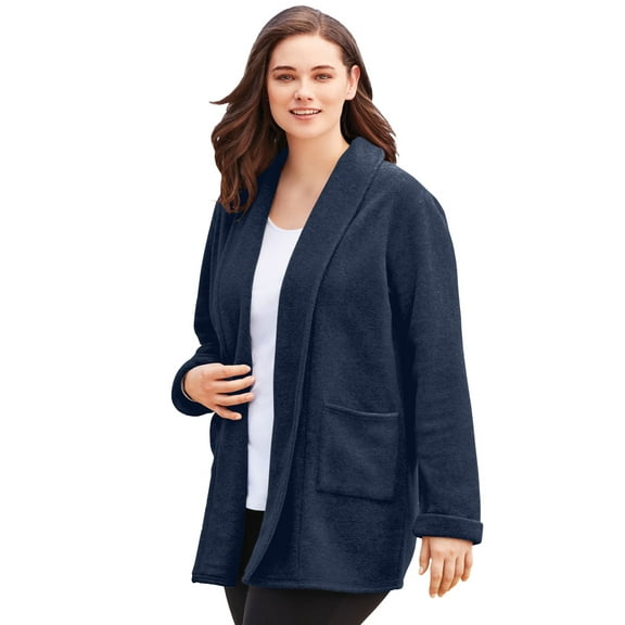 Woman Within Plus Size Microfleece Cardigan Shawl Collar Oversized Long Open Jacket