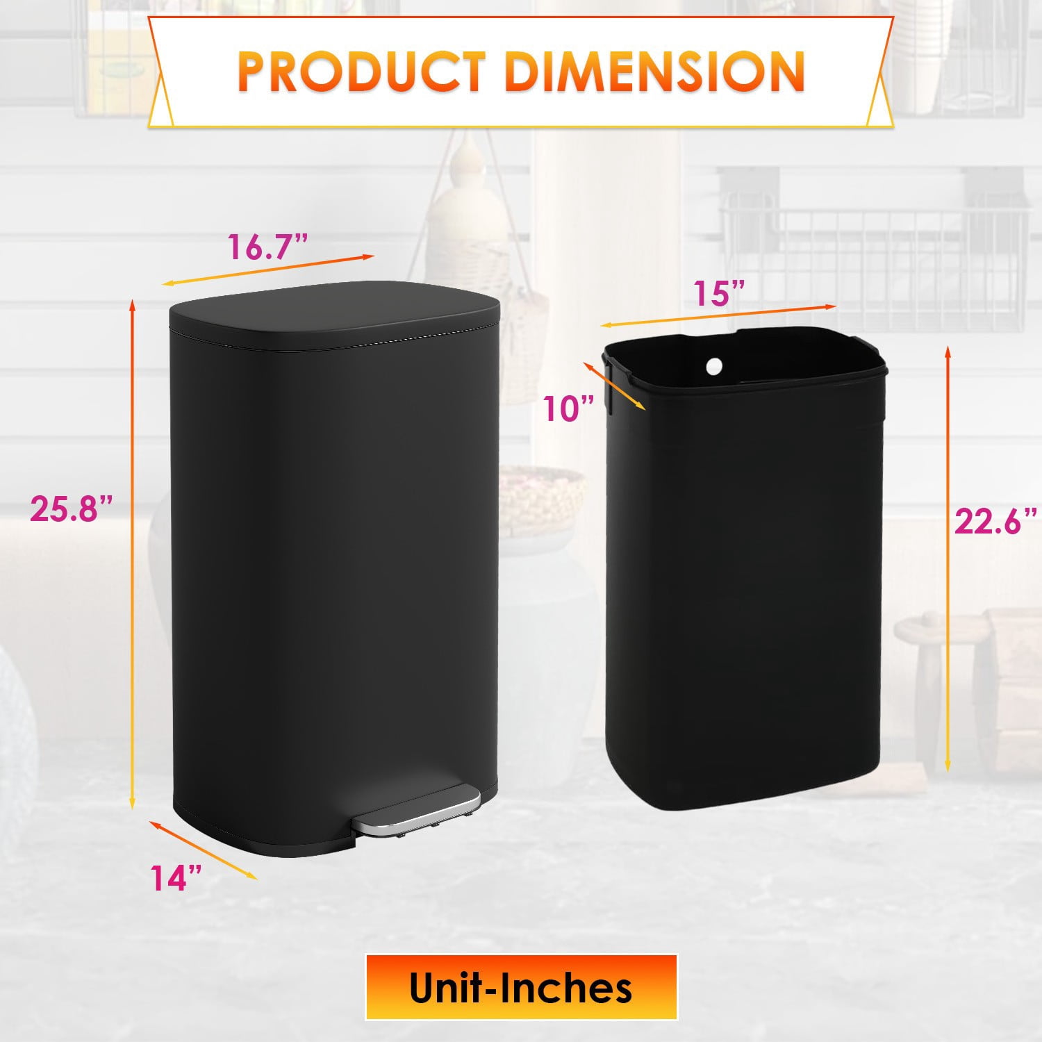 FASCK 13 Gallon/50 L Garbage Can Kitchen Trash Can with Lid for Office Bedroom Bathroom Step Trash Bin Fingerprint-Proof Brushed Stainless Steel 13 Gallon / 50 Liter,Black