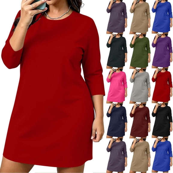 Plus Size Women's 3/4 Sleeve Nightgown Round Neck Mini Sleep Dresses Fall Casual Loose Loungewear Dress L-5XL