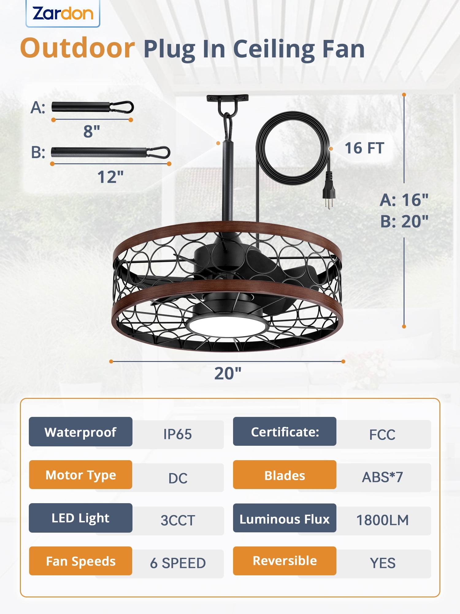 Zardon 20in Outdoor Ceiling Fans with Light and Remote Control, Gazebo Ceiling Fan with Corded for Plug in, Waterproof for Pergola, Canopy, Patios