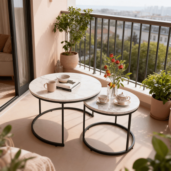 Wanling Nesting Coffee Table Set of 2, 27.6inch Round Coffee Table Wood Marble Pattern Top with Sturdy Metal Frame, End Table Side Tables for Living Room Bedroom Balcony Yard (White) White