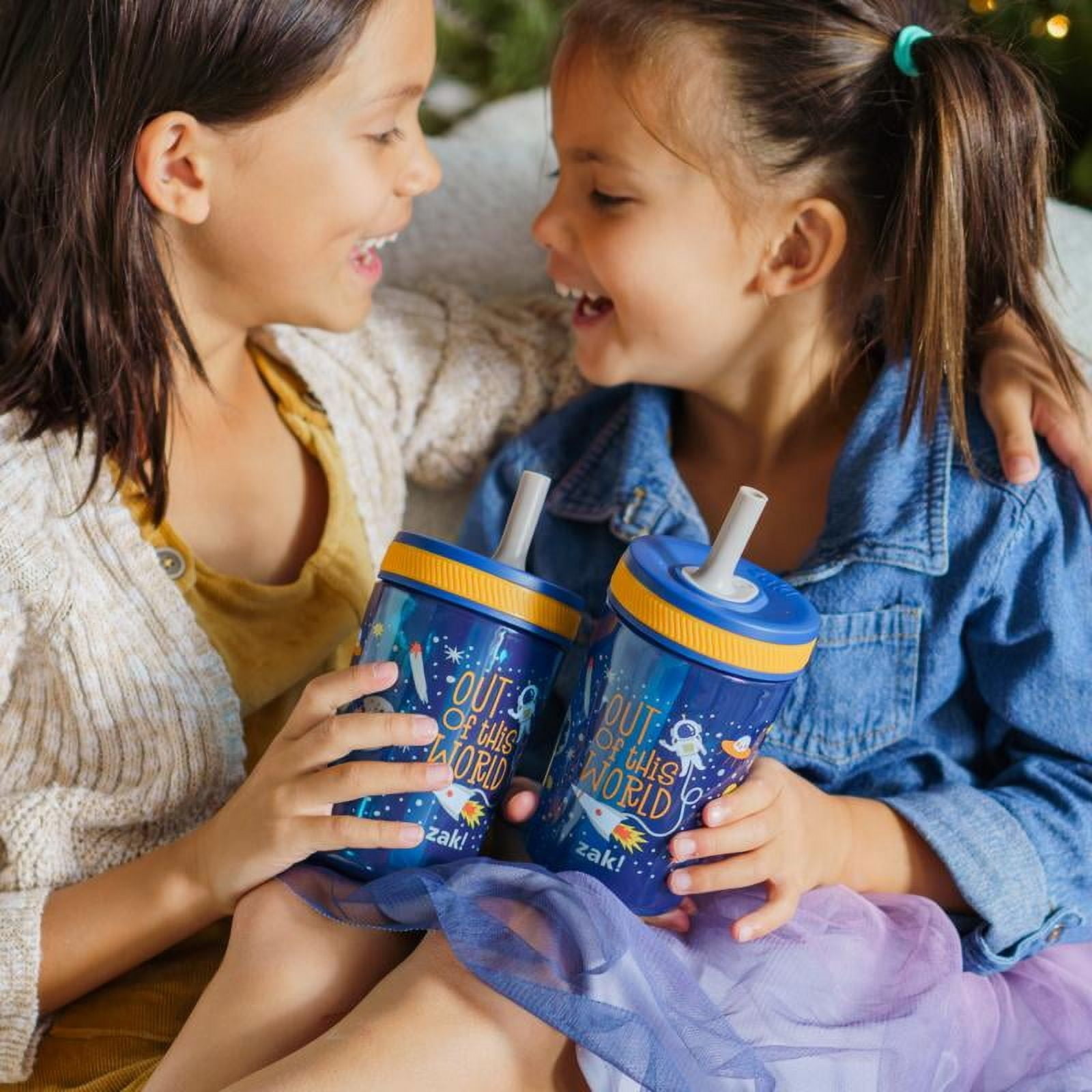 Zak Designs Kelso Kids Leakproof Straw Cup with Silicone Spout - Plastic, 15 Ounces, 2 Pack BPA Free Water Bottles
