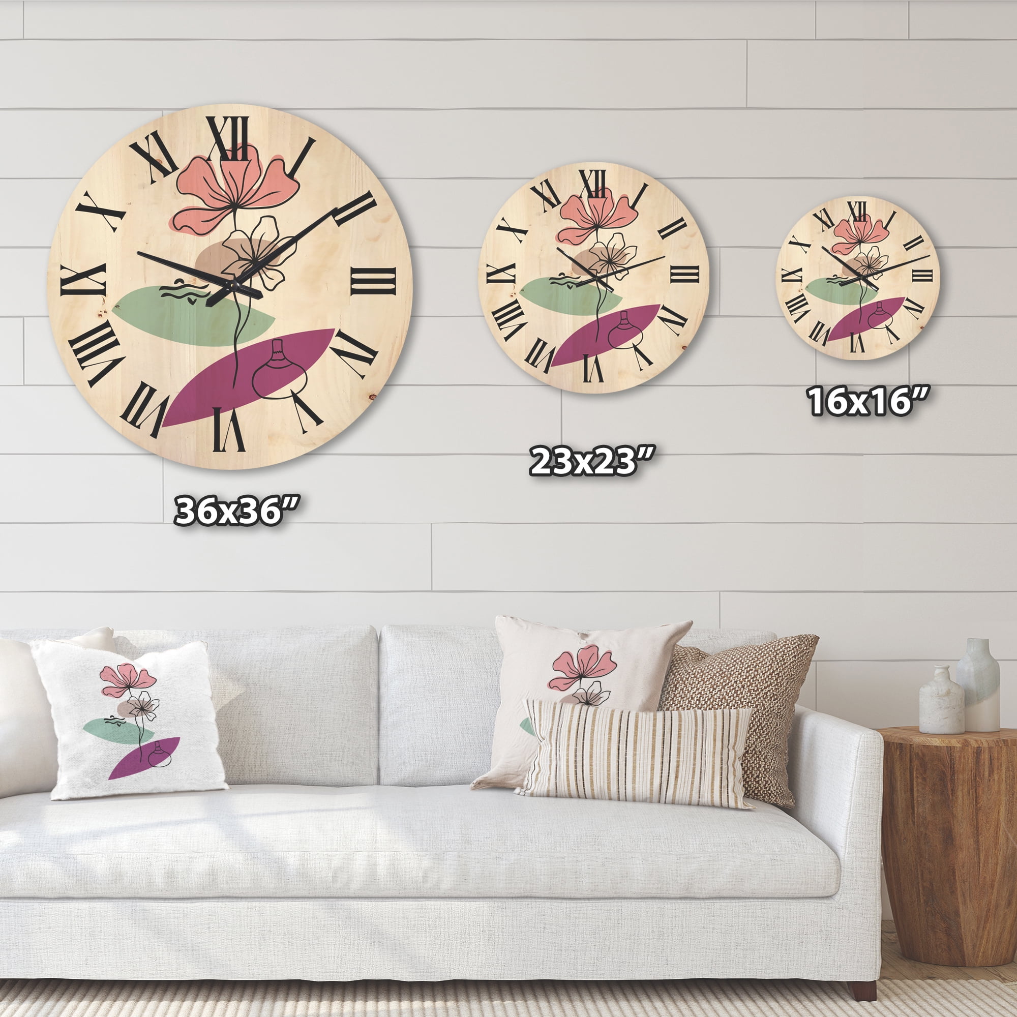 Designart 'Abstract Flowers Plants With Elementary Shapes IV' Modern Wood Wall Clock