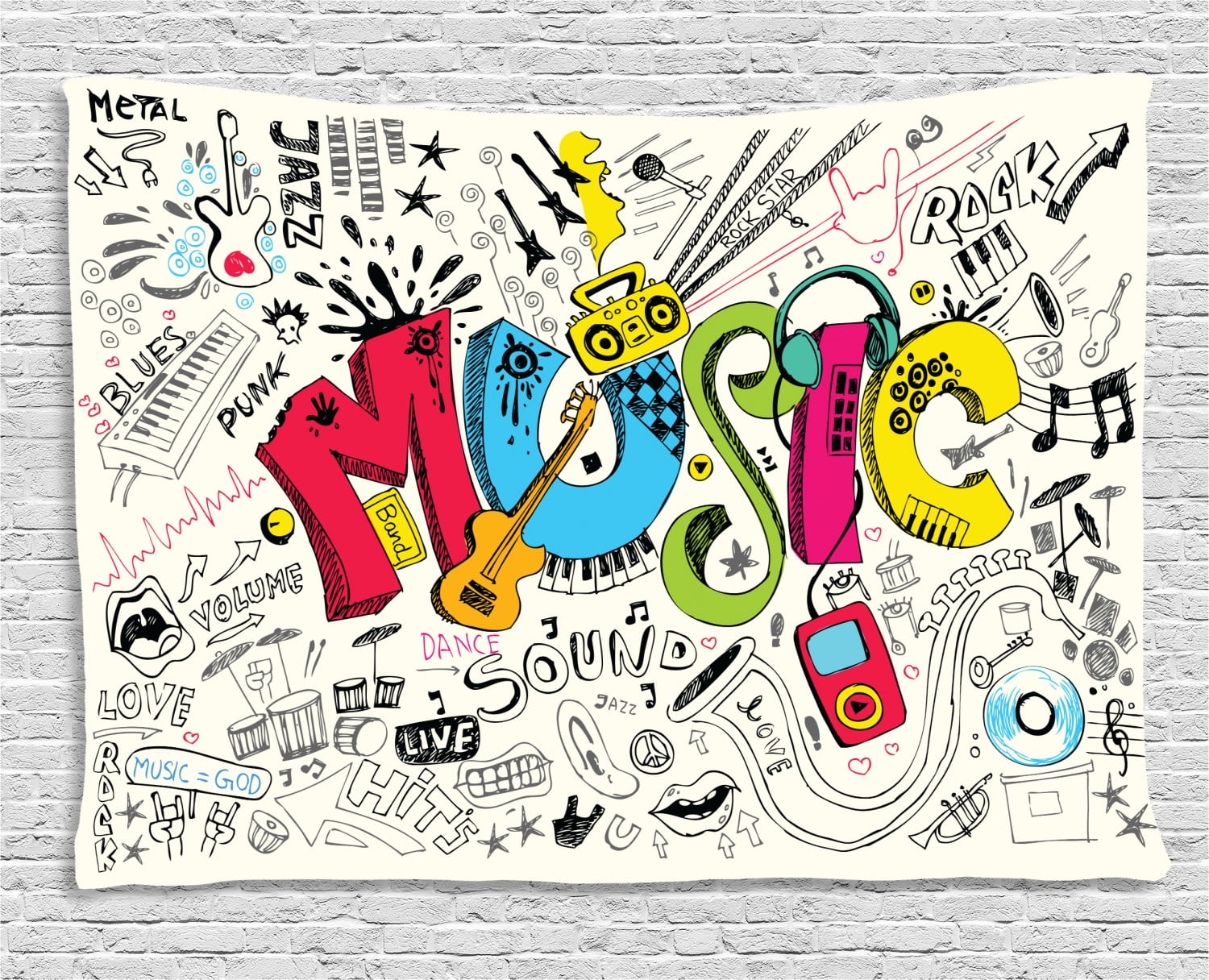 Music Tapestry, Pop Art Featured Doodle Style Musical Background with