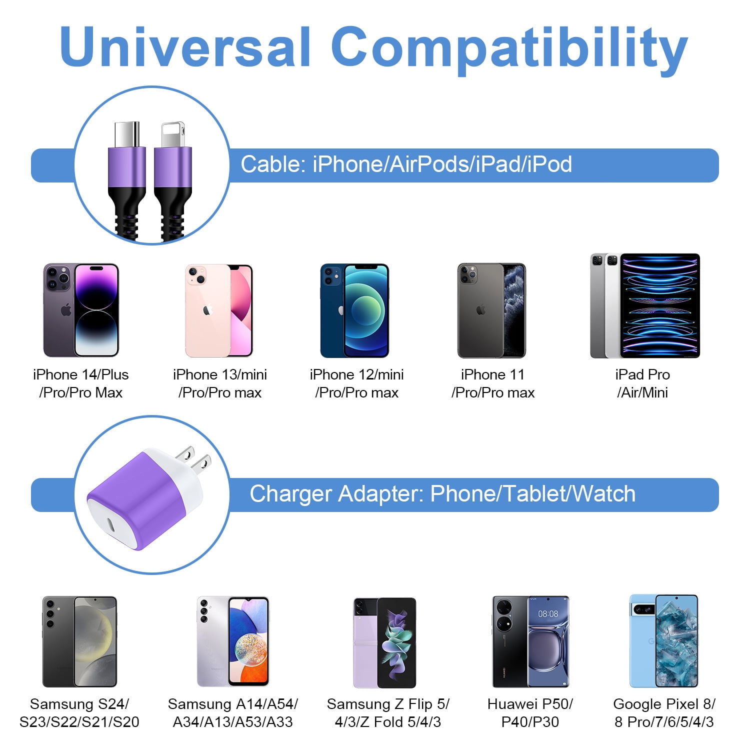 Compatible for iPhone Charger Fast Charging, 3 Pack 20W PD USB C Charger Block+USB C to Charging Cord 6FT, Type C Wall Charger Adapter USB C Brick Phone Charging Cord Compatible for iPhone, Purple