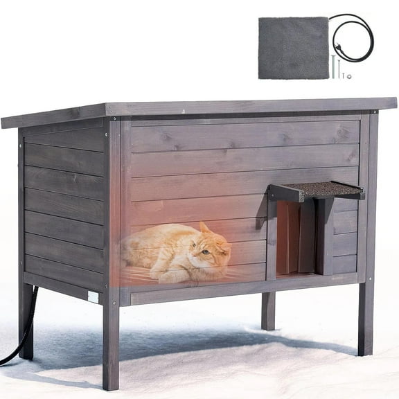 Heated Cat House, Insulated Wooden Cat House for Outdoor Cats, Waterproof Feral Kitty Shelter with Heating Pad, PVC Flap Door & Openable Asphalt Roof for 1-3 Cats in Winter