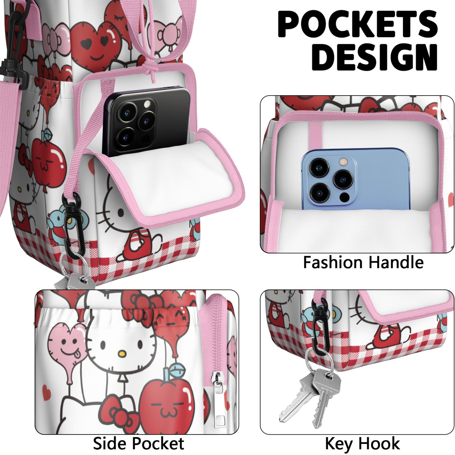 Insulated Water Bottle Carrier Bag Sleeve with Strap Crossbody for 20/24/32/40oz Tumbler,Hello Kawaii Cat Cute Water Bottle Holder Sling Bag with Pocket Gifts for Women Men Adults