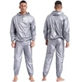 thumbnail image 3 of Traje de sudoración para hombre, chaqueta con capucha de manga larga, ropa de abrigo y pantalones largos de cintura elástica, traje de sudoración de PVC para entrenamiento en gimnasio, 3 of 5