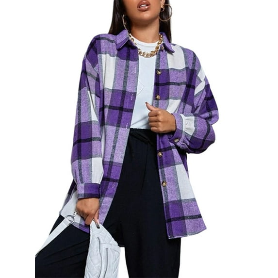 Women Casual Plaid Flannel Shirt Ladies Fashion Long Sleeve Button Down Thick Shirt Coats