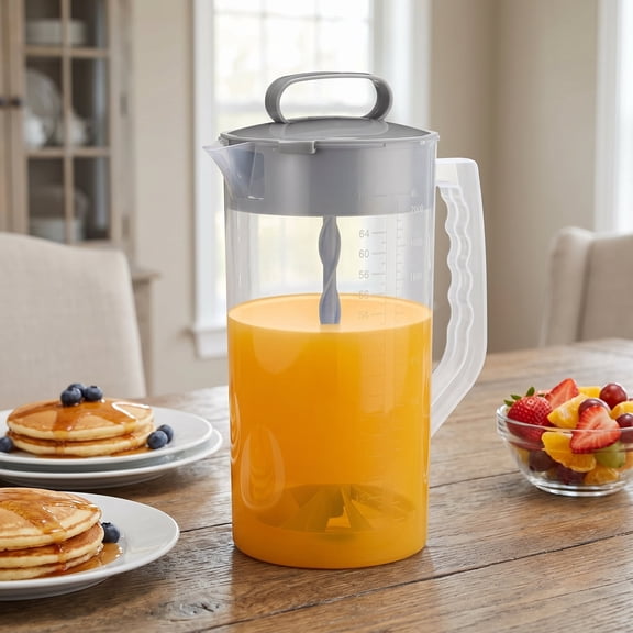Mixing Pitcher for Drinks, 2 Quart/64oz Plastic Water Pitcher with Lid – Angled Plastic Blades and Adjustable Mixer Plunger for Juice, Powdered Milk, Beverage Container (One)