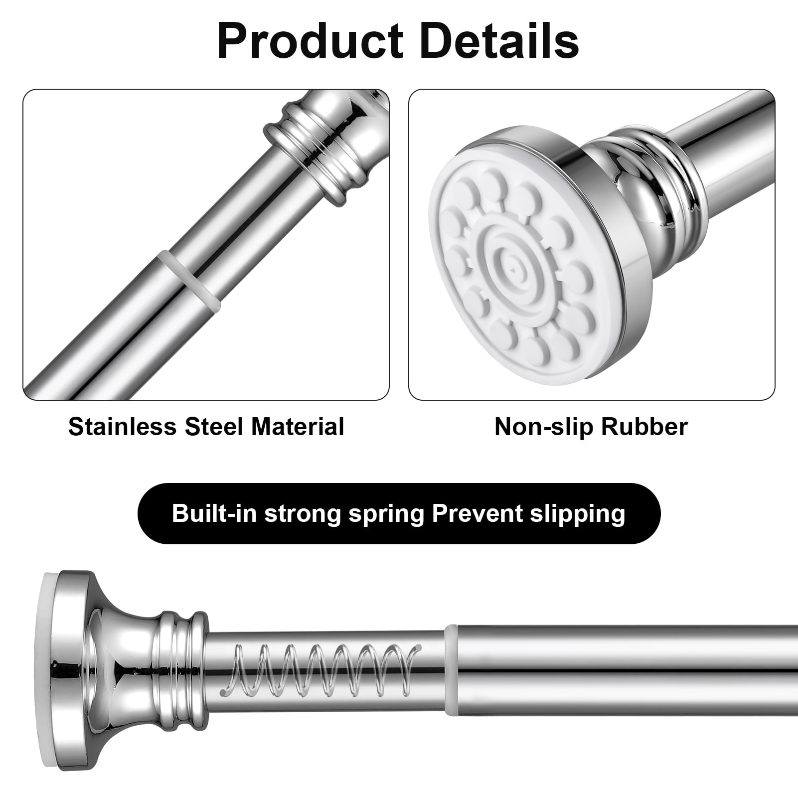 Bocaoying Adjustable Shower Curtain Rod, 18.5-63 Inch Tension Shower Rod for Bathroom, Heavy Duty Stainless Steel No Drilling Tension Rod, Easy Installation Shower Rod for Bathroom and Windows