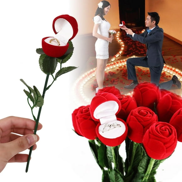 Amzcrzy Small Jewelry Valentine's Day Fashion Boutique Rose Head with Branch Flocking Gift Box Wedding Gift Box Big Red Ring Jewelry Box Couple Ring Box Heart Ring Box Christmas Decorations