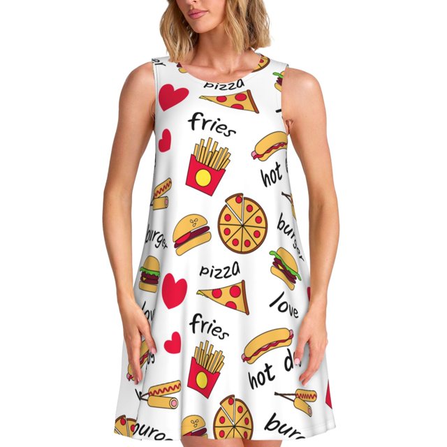 Easygdp Fast Food para Vestido Transpirable de Mujer, Vestido Suelto de Manga Corta con Pliegues y Bolsillos para el Verano