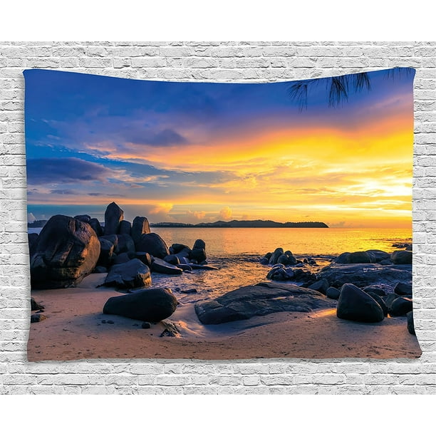 Sunset Tapestry By Horizon Sky At The Beach With Rocks Surreal Tropical Serene Landscape Wall Hanging