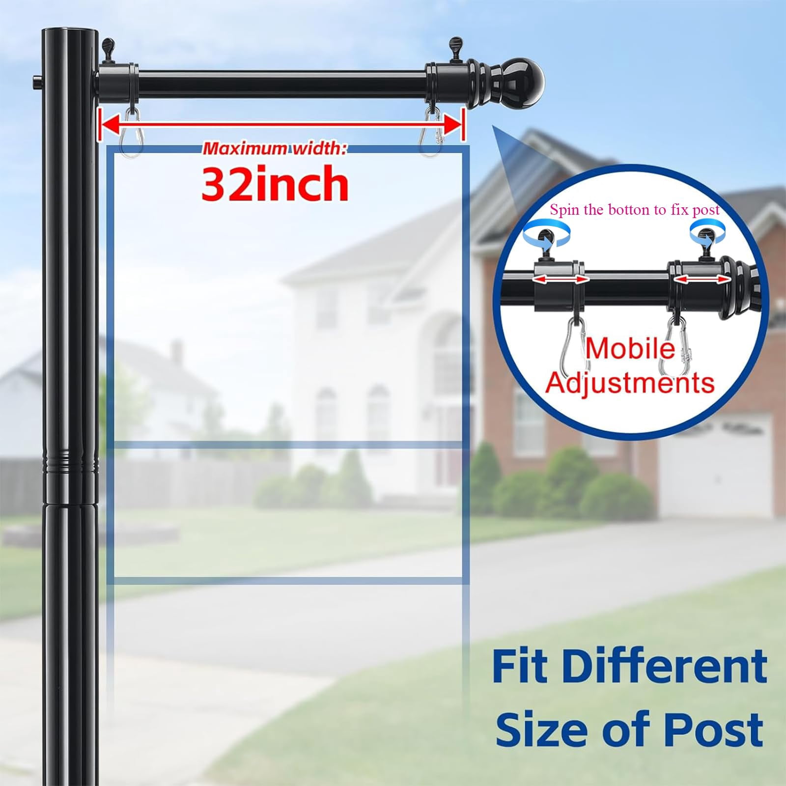 FLY HAWK Real Estate Sign Post 7ft Tall, Realtor Yard Sign Post for Open House and Home for Sale Outside, 32" Arm Holds up to 25" Sign, White (No Sign Included), Black