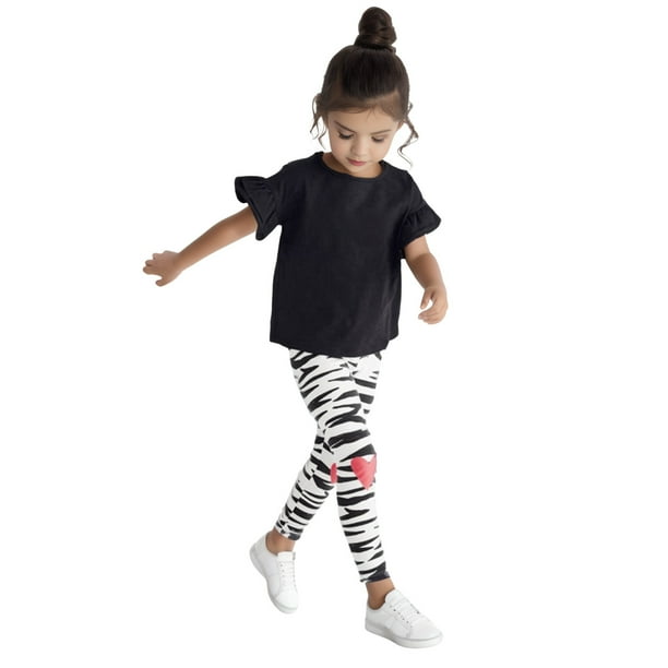 Gibobby Conjunto niña Tops y pantalones estampados de manga corta de verano para niñas pequeñas, conjunto de ropa de 2 uds para niños(Negro, 5-6 Años)