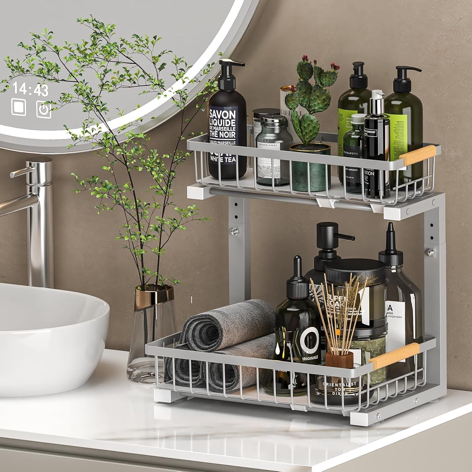 Under Sink Organizer Storage 2 Pack, 2 Tier Slide Out Height Adjustable Pull Out Cabinet Organizer Drawer for Kitchen Bathroom Large Under Sink Shelf Rack Caddy Grey