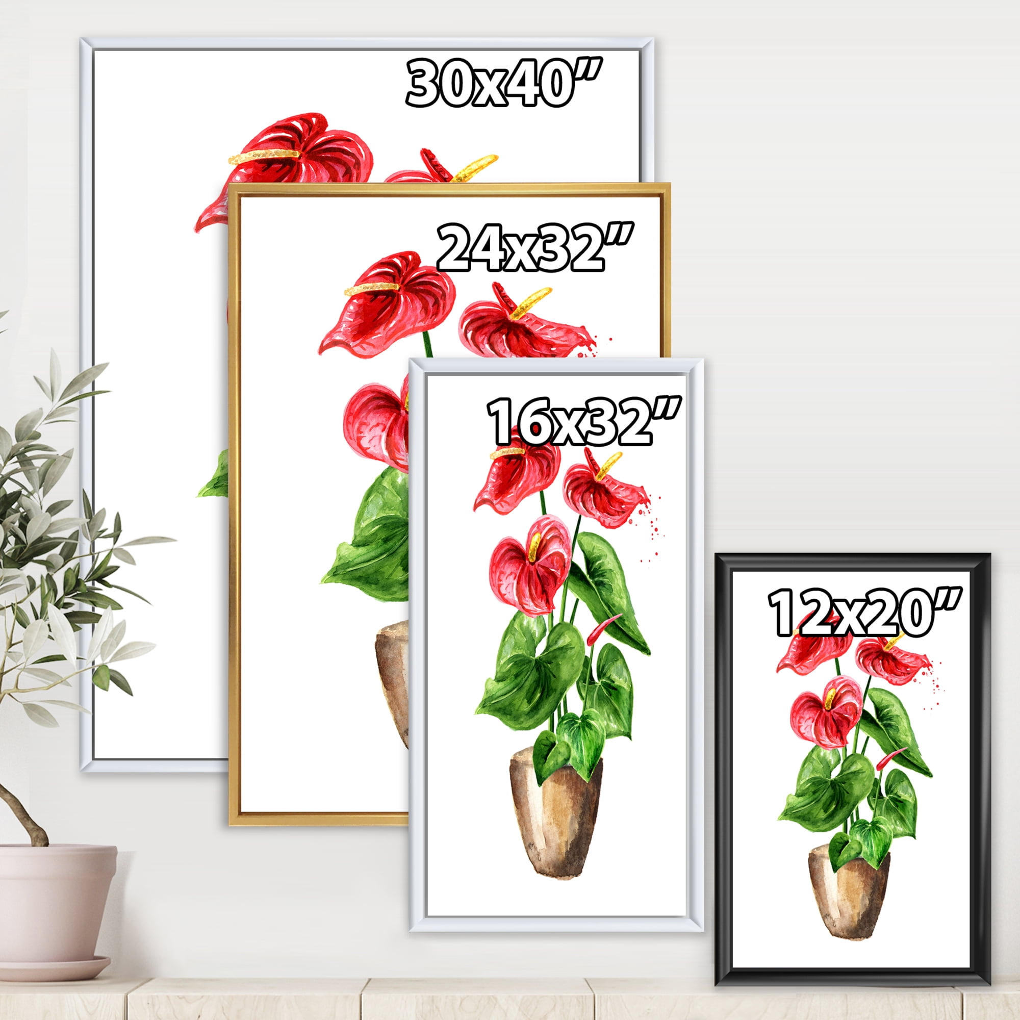 Designart 'Anthurium Tailflower In The Pot' Traditional Framed Canvas Wall Art Print