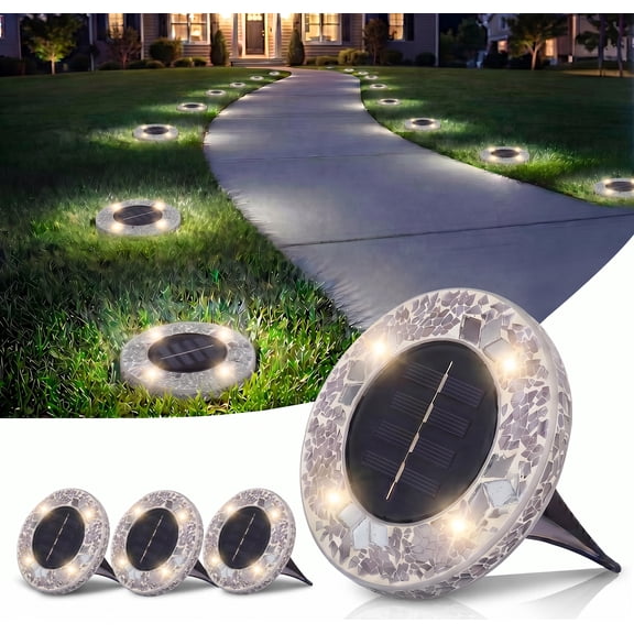 Bell Howell Solar Lights Outdoor Waterproof, Mosaic Disk Design, Auto On/Off Sensor Lights, Glass Pathway Lights, 4 Pack - Gray