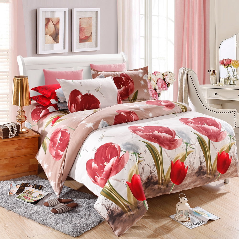 Duvet Cover /& 2 Pillow Shams Set 3D Effect Spring Tulip Quilted Fitted Sheet