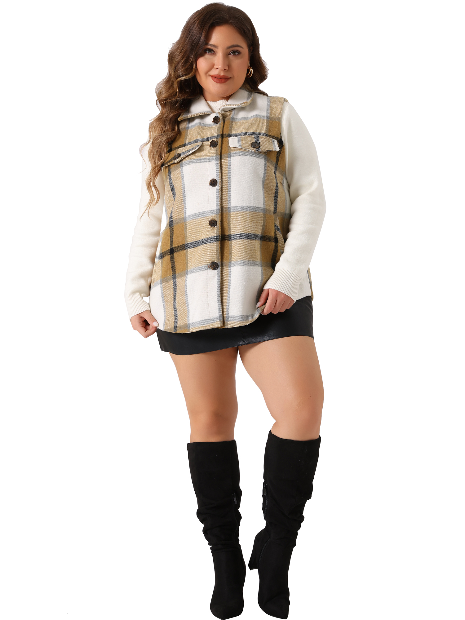 DARING DIVA Women's Plus Size Plaid Coat Slash Pocket Sleeveless Vest 2X White Brown