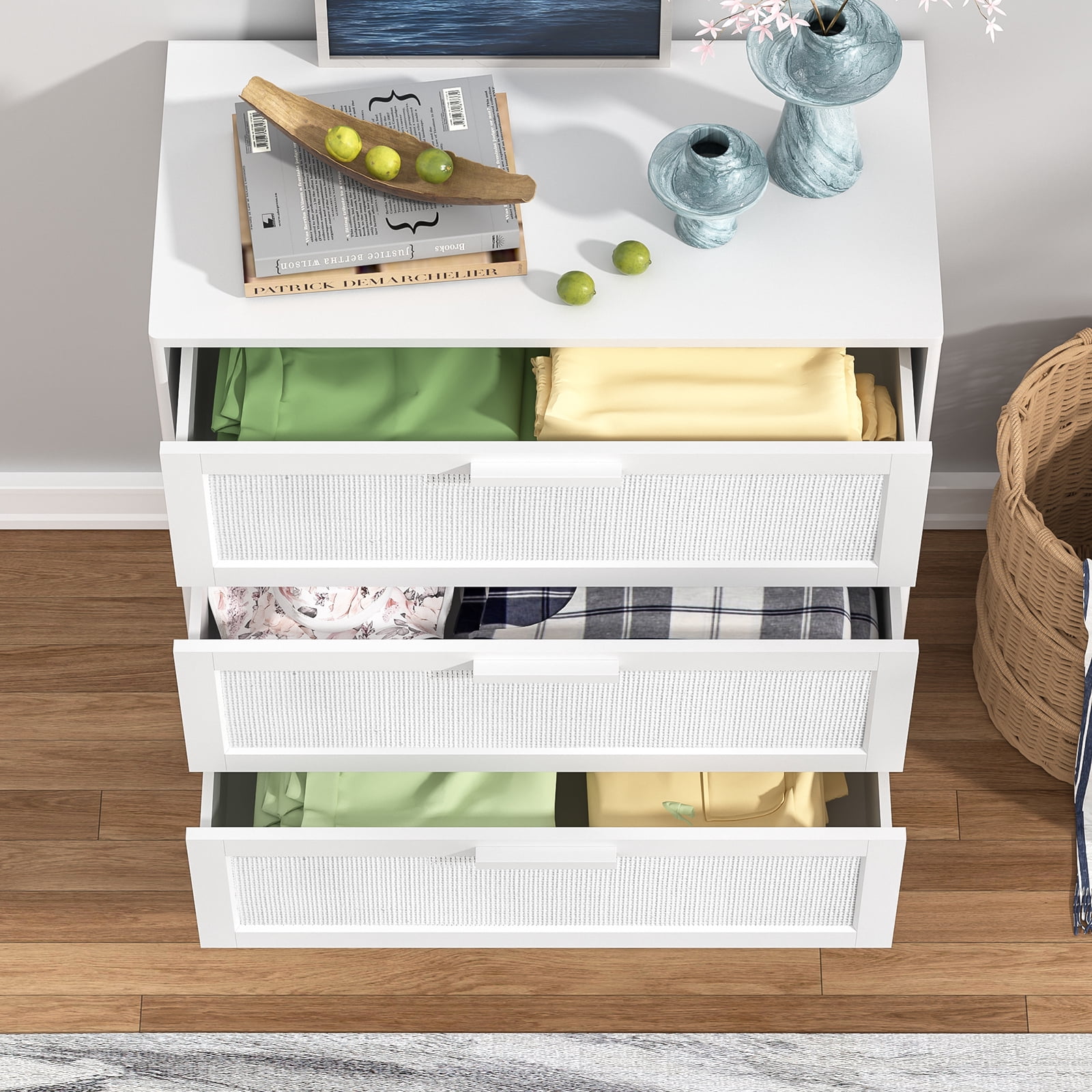 Eumyviv 3 Drawer Dresser, White Rattan Dresser for Bedroom Chest of Drawers for Living Room Bedroom, White H0151