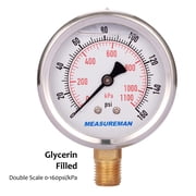 Measureman 2-1/2 Dial Size, OIl Filled Pressure Gauge, 0-160psi/kpa, 304 Stainless Steel Case, 1/4NPT Lower Mount