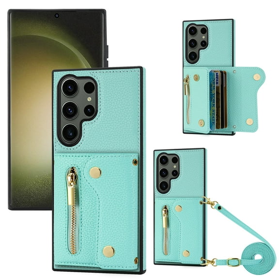 Wallet Case for Samsung Galaxy S24 Ultra, Classic Lychee Texture PU Leather Purse Case with Accordion Card Slots, Protective Crossbody Flip Cover with Zipper Shoulder Strap Lanyard, Cyan