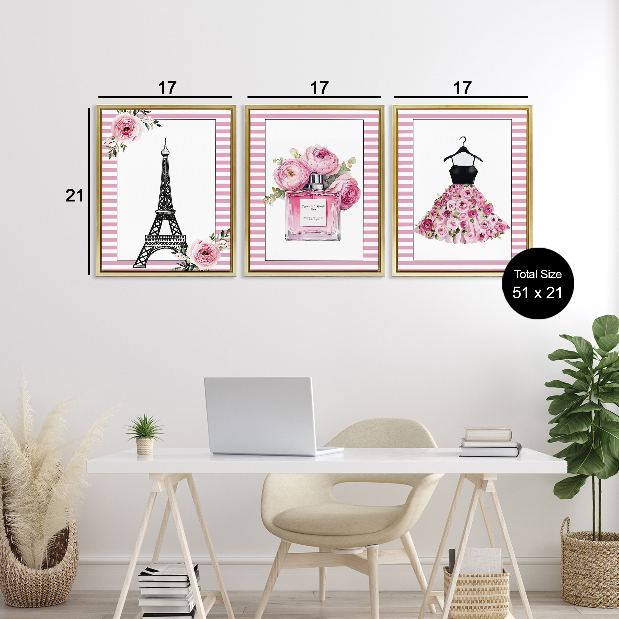 Parisian Glam with Stripes 3 Piece Gold Framed Floater Canvas Set, design by Christine Simpson Art