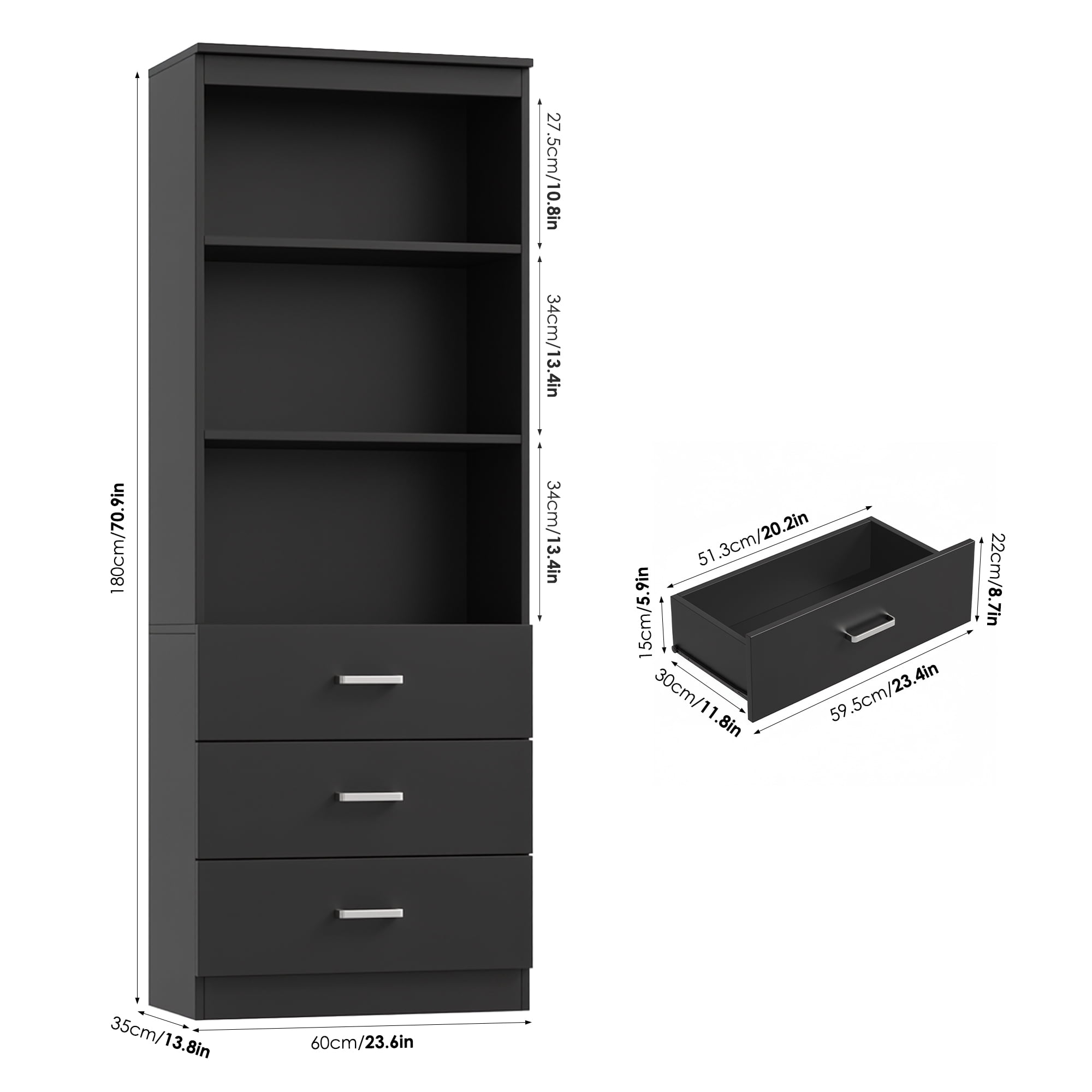 Homfa 71" Tall Bookcases with 3 Large Drawers & 3 Shelves, Wooden Bookshelf for Living Room Office, Black