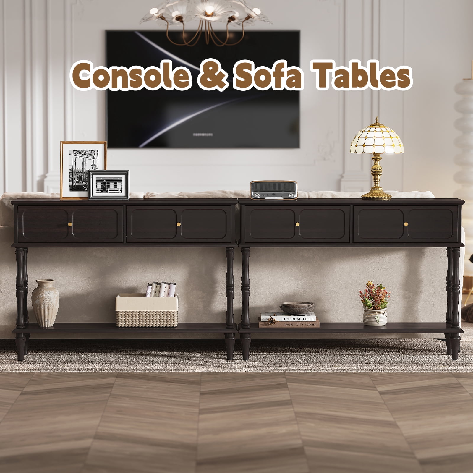 CBJCBJ 47" Mid-Century Console Tables, Entryway Table with Storage for Living Room, Hallway, Black
