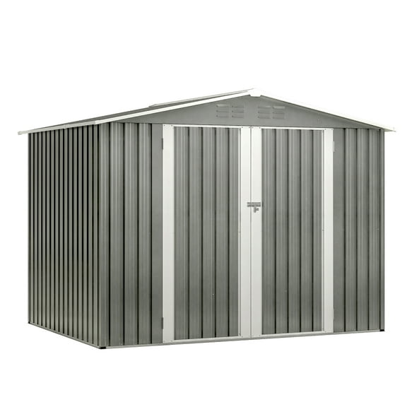 8 x 6 FT Outdoor Waterproof Garden Tool Shed - Durable Metal Foundation with Floor Frame, Secure Lockable Hinged Doors, and Air Vents. Perfect for Backyard and Lawn Storage in Stylish Gray