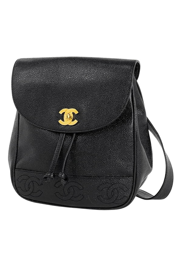 Pre-Owned Chanel Triple Coco Mark Backpack, Daypack, Caviar Leather, Black, Women's
