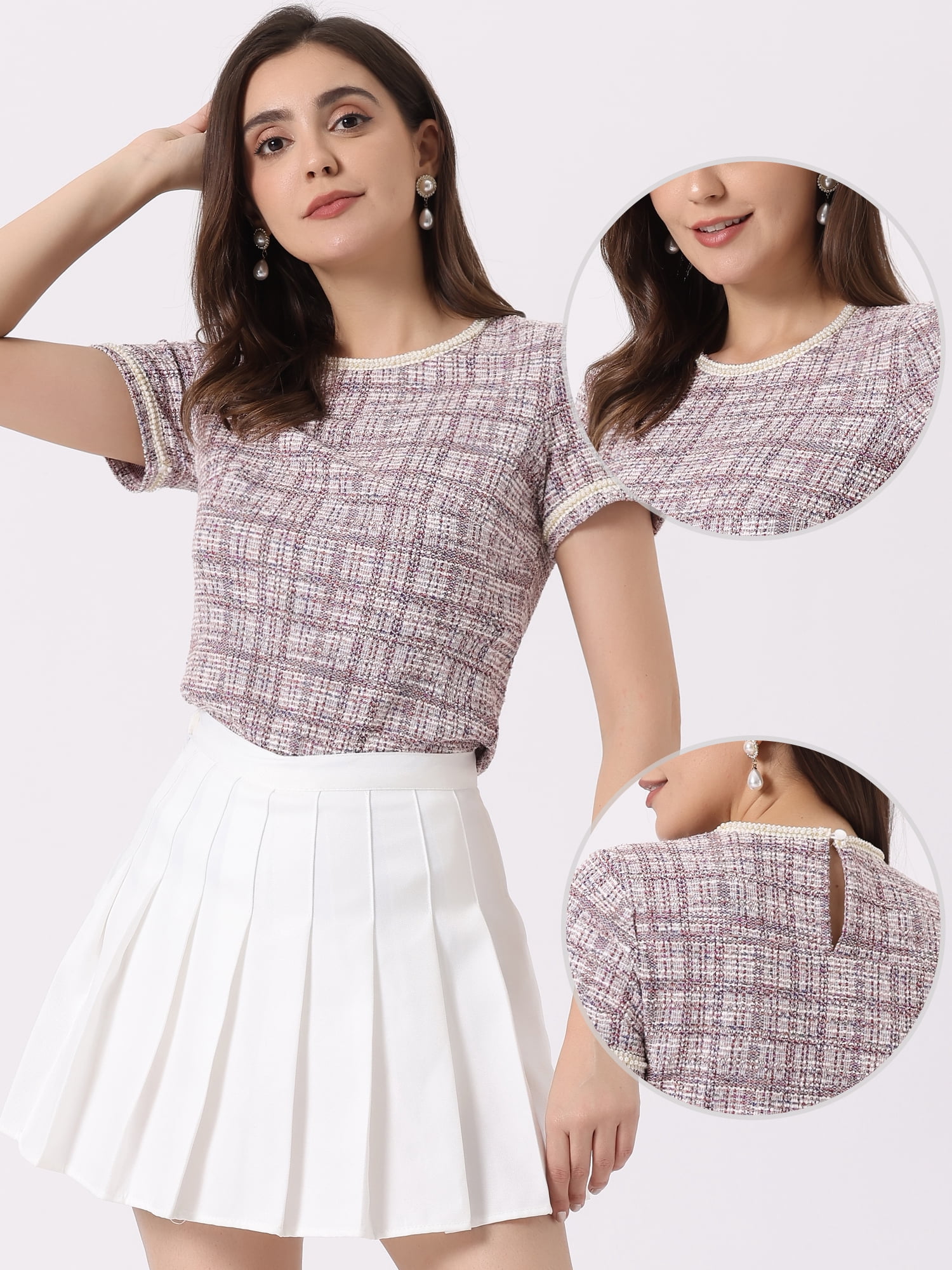 DARING DIVA Women's Round Neck Short Sleeve Tweed Top XS Pink White