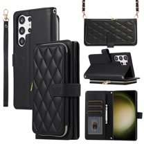 ELEHOLD for Samsung Galaxy S24 Ultra Wallet Crossbody Case,Zipper Cash Pocket Large Capacity Card Holders Flip Kickstand Premium PU Leather Purse Cover with Wrist Strap Crossbody Chain Strap,Black