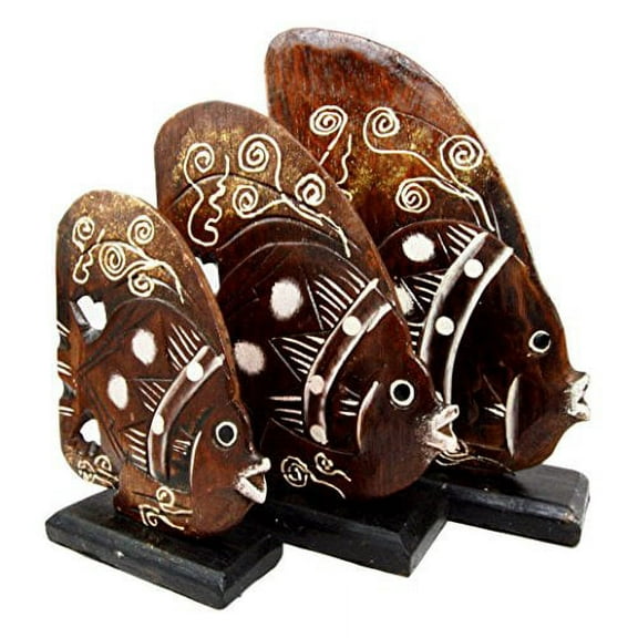 Balikraft Hand Made Wood Artisans "Ikan Teluk" Tropical River Angel Fish Family Set of 3 Decorative Figurines 10.5"H
