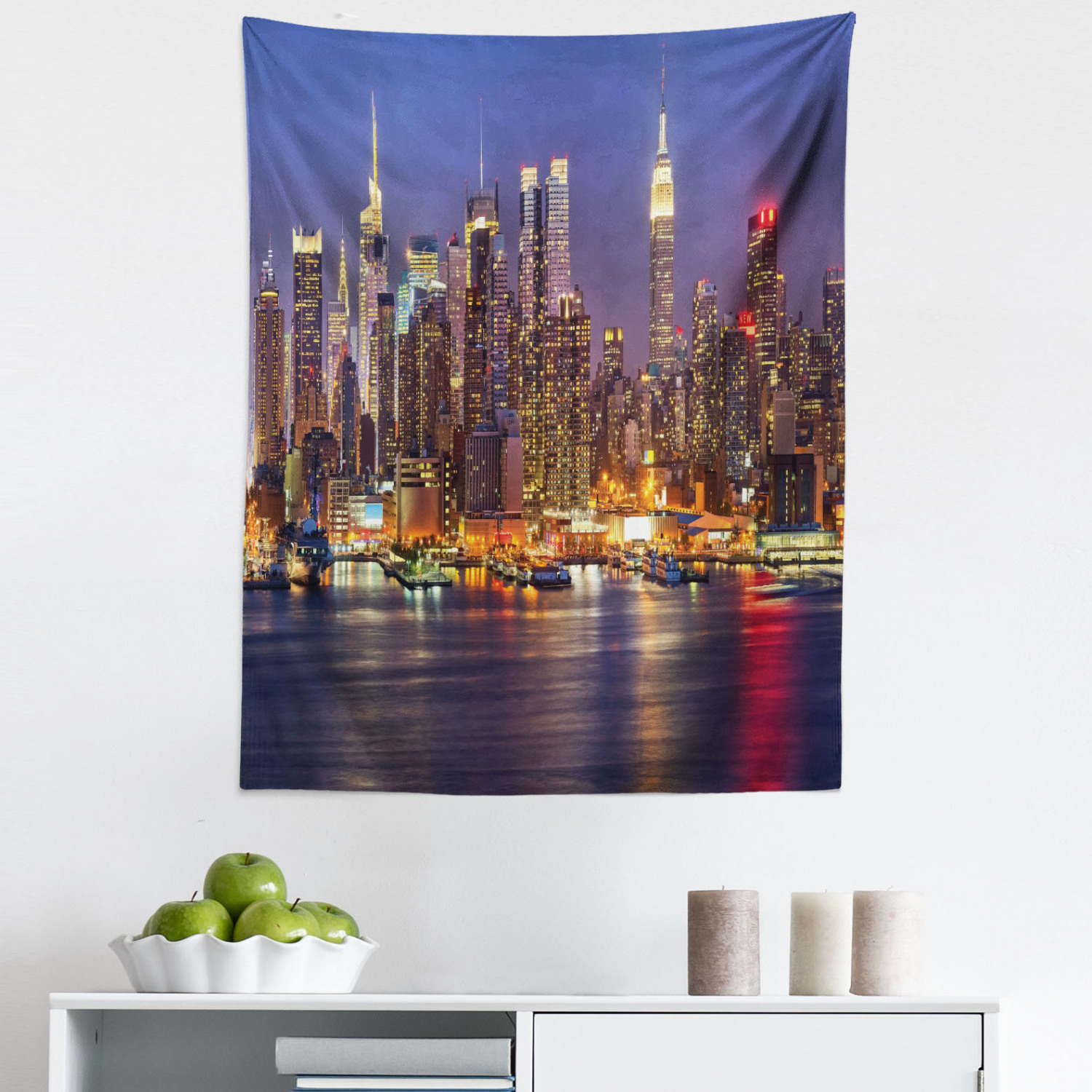 City Love Tapestry, Urban Life Themed Skyscrapers with Dock and Boats ...