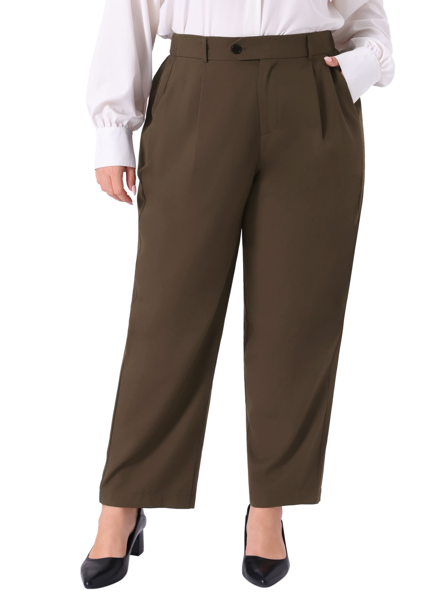 DARING DIVA Women's Plus Casual Elastic High Waisted Long Straight Pants 6X Coffee