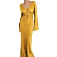 thumbnail image 1 of Kmbangi Femmes Longue Robe en Tricot Couleur Unie Évider Profond V-Cou à Manches Longues Robe Bodycon Tomber Robe de Vacances Sans Dos, 1 of 9
