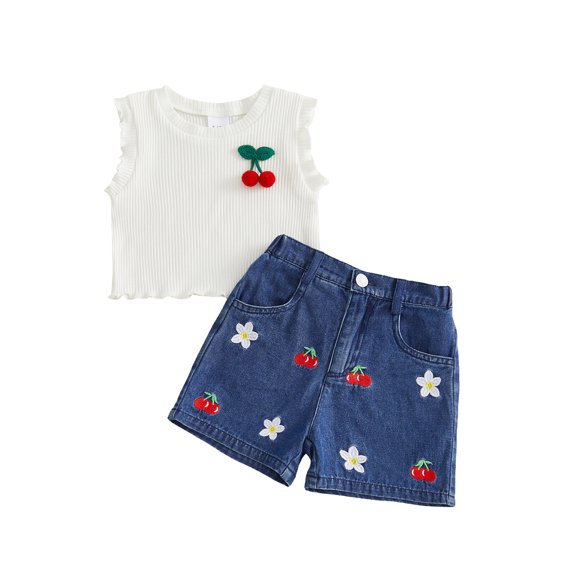BemeyourBBs Toddler Baby Girls Summer Clothes Little Girl Cherry Denim Outfits 3D Cherry Lettuce Trim Ribbed Tank Tops and Elastic Embroidery Jeans Denim Shorts Set