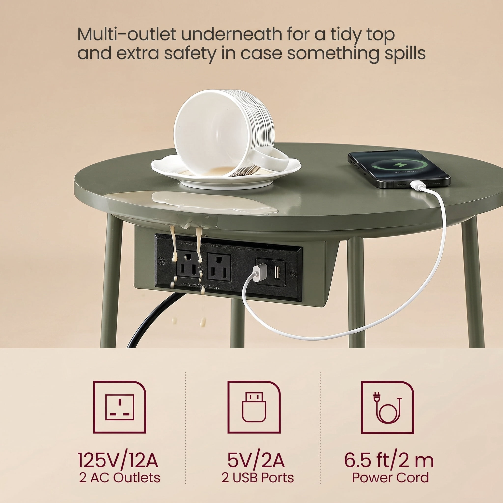 Nordic Hygge 17.7 in. Round Side Table with Charging Station and Storage Basket, Forest Green/Cream White