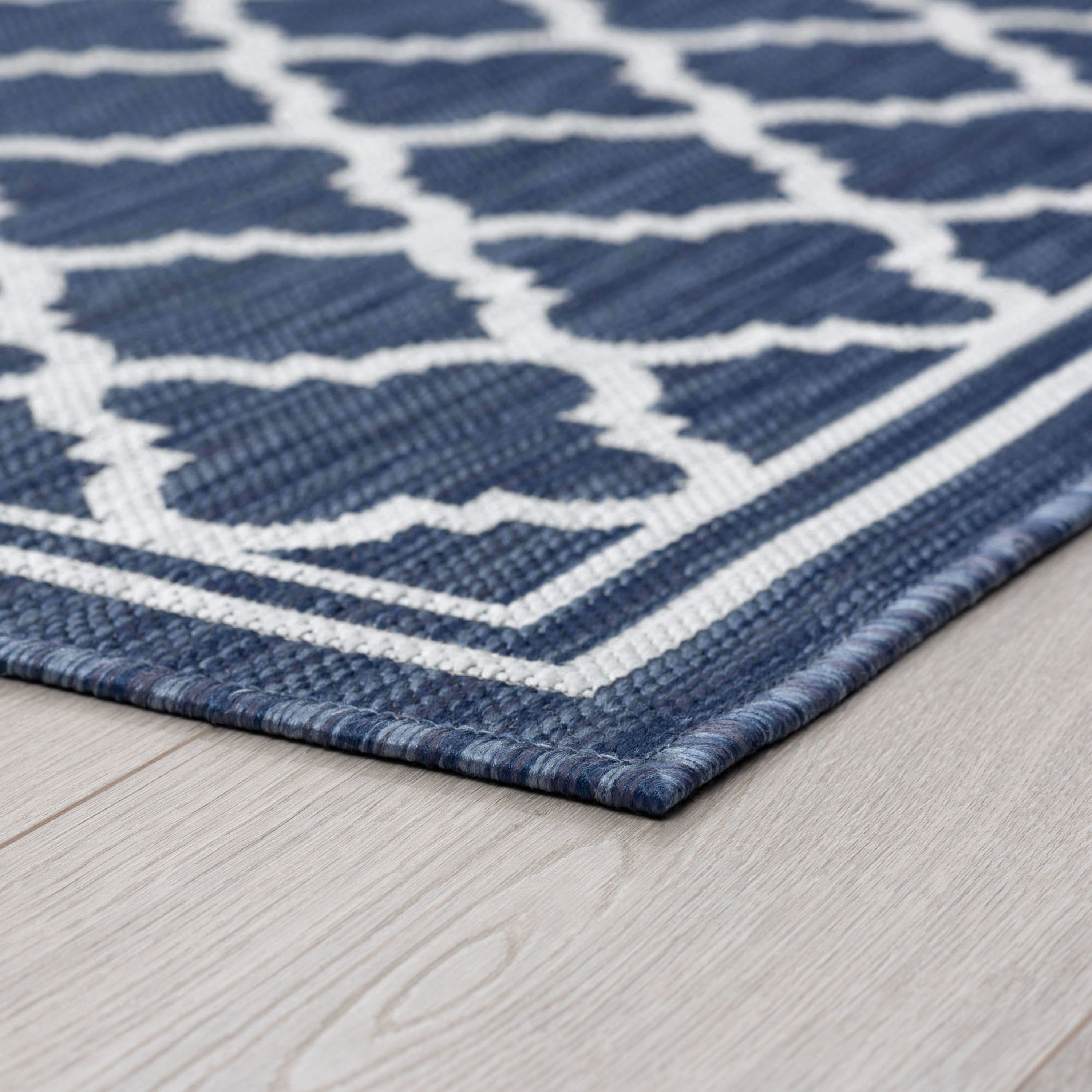 8x10 Water Resistant, Large Indoor Outdoor Rugs for Patios, Front Door Entry, Entryway, Deck, Porch, Balcony | Outside Area Rug for Patio | Navy, Geometric | Size: 7'10'' x 10'2''