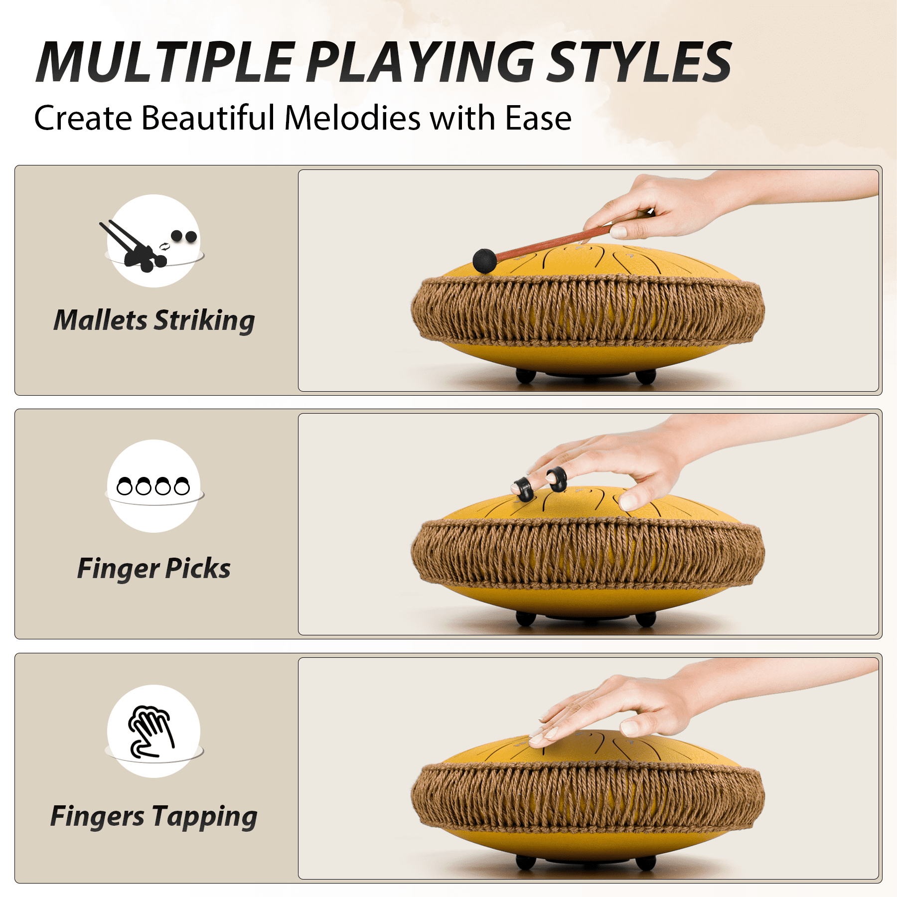 Tongue drum 13 Inch 15 Notes Tongue Drums, C Key Handpan Drum Instruments for Kids Adults, Steel Drum with MusicBook, Drum Mallets and Carry Bag (Gold)
