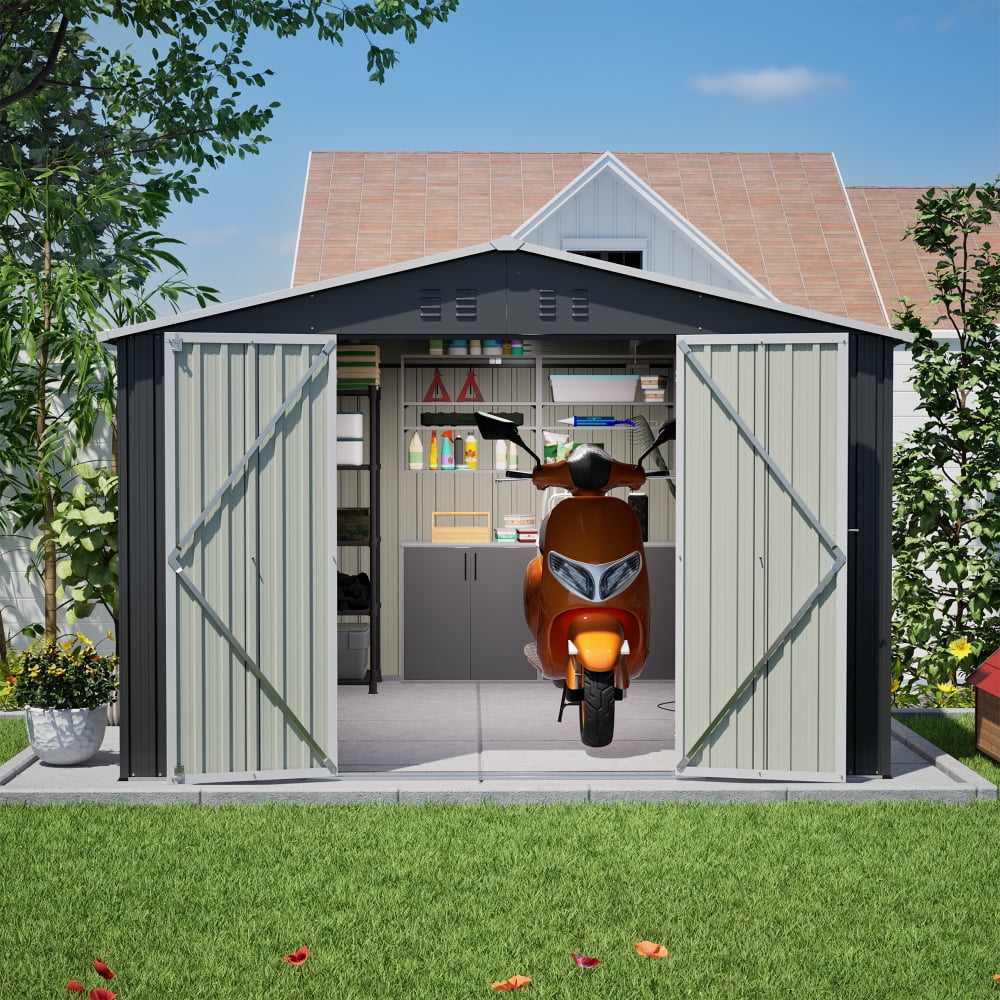 10x10 FT Heavy Duty Metal Shed, Large Outdoor Storage with Double Locking Doors, Updated All-Weather Black Utility Shed for Garden Tools