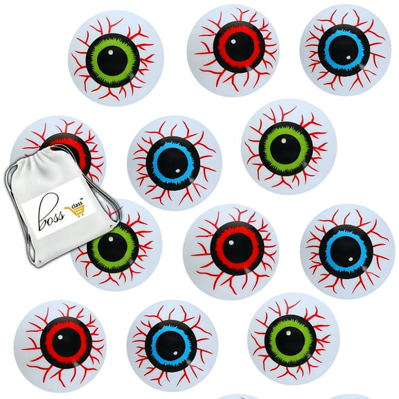 (12) Plastic Spooky Halloween Ping Pong Eyeballs, 1.375 inches Assorted Red Blue Green Scary Zombie Fake Eye Balls Beer Pongs Home Party Haunted House Decoration Games Supplies