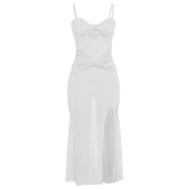 VISgogo Vestido largo ahuecado para mujer, sin mangas, de color sólido, de corte bajo, fruncido, de una pieza, vestido ajustado sin espalda con abertura alta VISgogo moda