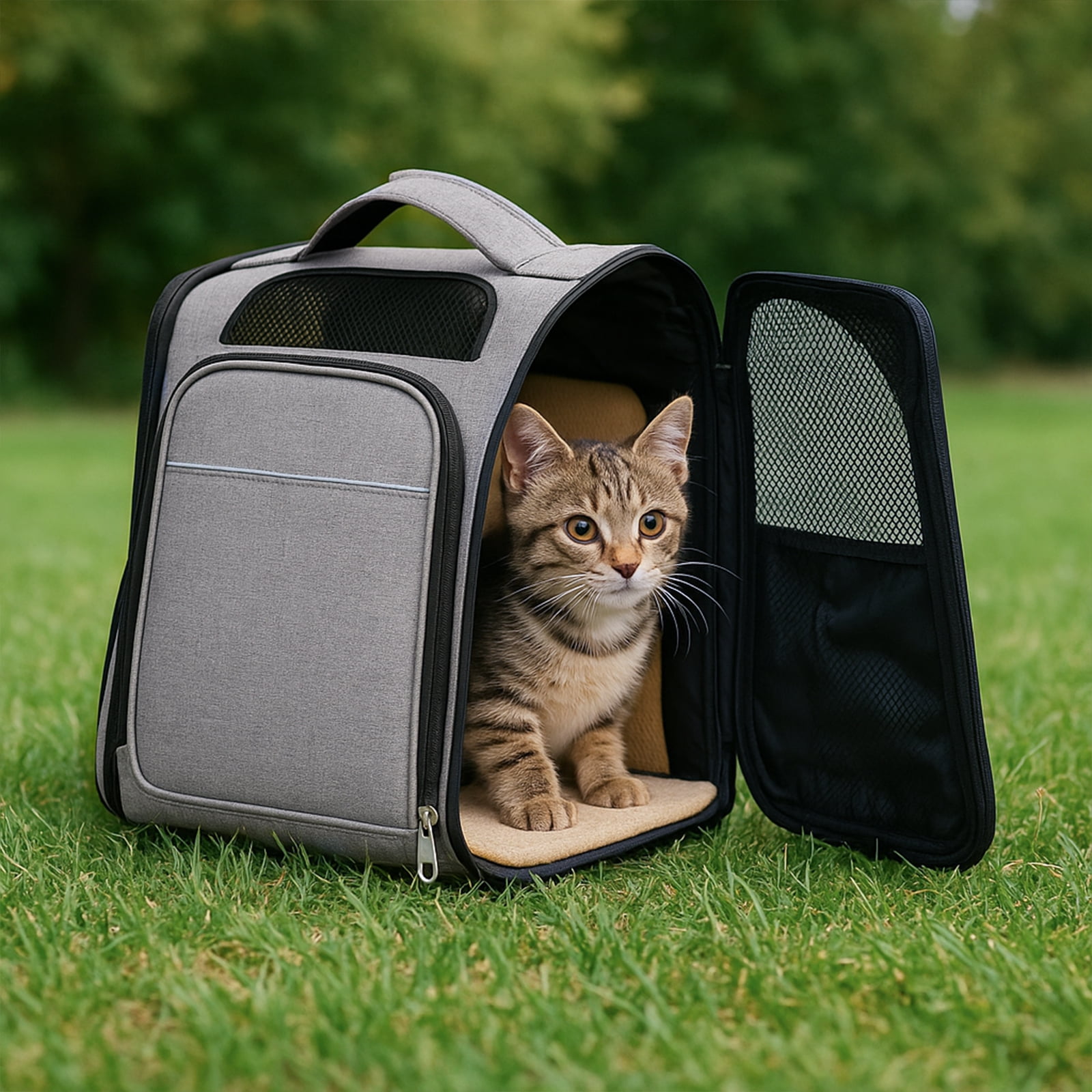 Expandable Pet Carrier Backpack for Cats & Small Dogs, Airline Approved Soft-Sided Travel Carrier with Front & Back Extension, Breathable Mesh, Escape-Proof Leash, Holds up to 26 lbs, Gray