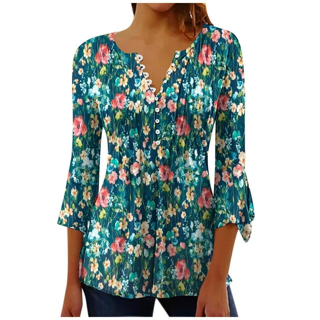 Pompotops T-Shirt Mode Femme Imprimé Décontracté Col en V Manches 3/4 Blouse Tops Liquidation