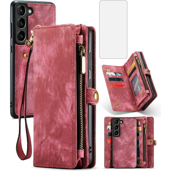 Phone Case for Samsung Galaxy S23 5G Zipper Wallet Detachable Cover with Tempered Glass Screen Protector and Leather Flip Cash Card Holder Cell S 23 23S GS23 G5 SM-S911U 6.1 inch Women Men Red